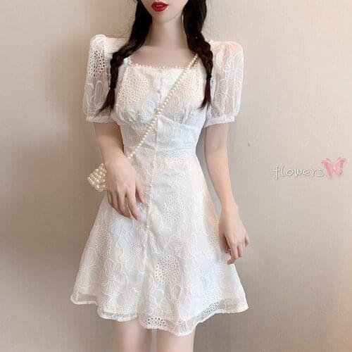 White Dress Women 2020 Summer New Retro High Waist Sqaure Collar Short Dress Sweet Pearl Lace A-line Floral Pattern Casual Dress