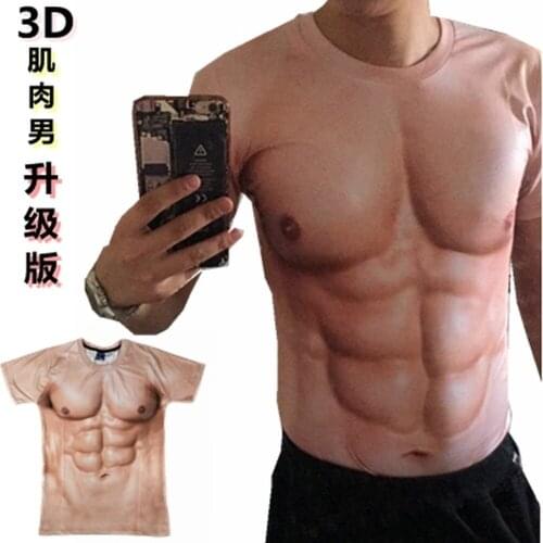 OLOMLB Muscular Men T-shirt Personality Realistic Cosplay 3D Fake Chest Muscles Abdomen 33Styles Summer New 2021