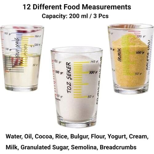 Triple Glass Measuring Cup Set 200 ml 3 Pieces Measuring Cups Kitchenware Water Oil Cocao Rice Bulgur Flour Yogurt Cream Milk Granulated Sugar Semolina Bread Crumb Kitchen Practical Materials Items High Quality Cup