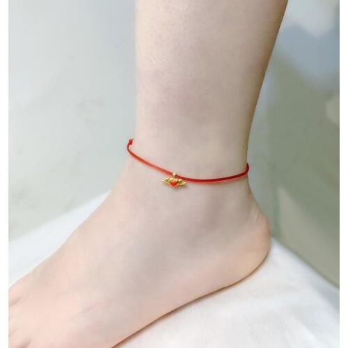NYMPH Real 24K Gold Anklet AU999 Gold Angel Heart Shape Pendant Adjustable Red Rope Fine Jewelry Gift For Women J577