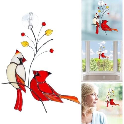 Pair of Cardinals Birds 16.5*15.5cm Stained Glass Ornament Hanging Layout Decor Gift for Home Office Car _WK