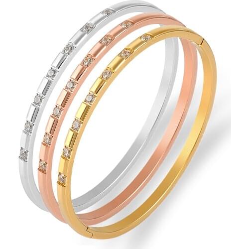 Simple Thin Sqaure Crystals Arm Cuff Bangles Stainless Steel Cubic Zirconia Gold Bracelet for Women Statement Jewelry Lover Gift