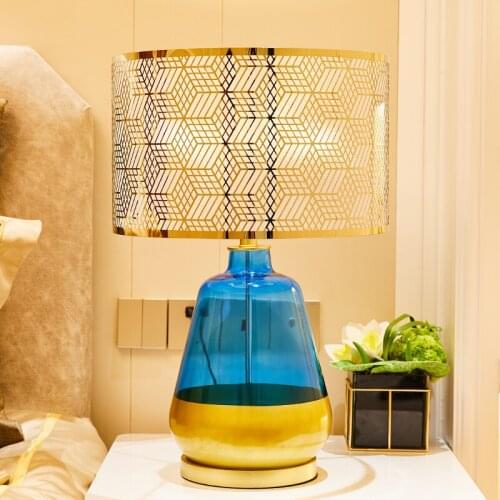Lattice PVC Lampshade Blue and Golden Glass Table Lamps Vase Shape Table Lamps Nordic Luxurious Table Lamps For Villa Bedroom