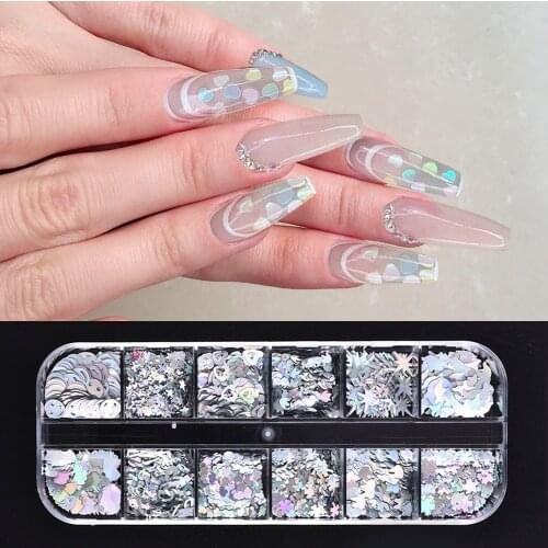 12 Grids Silver Holographics Sequins Nail Art Accessories Mixed Shape Flower Butterflies Glitter Nail Decoration Ongles Design