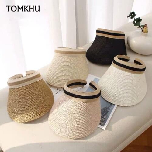 TOMKHU New Womens Sun Hats Handmade Straw Golden Bow Bee Visor Caps Parent-Child Summer Hat Empty Top Beach Cap Visiere Casquet