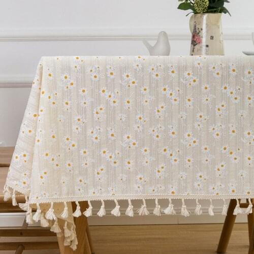 Linen Cotton Table Cloth Flower Printed With Tassel Rectangular Tablecloth Home Kitchen Party Wedding Mantel Mesa Decoration