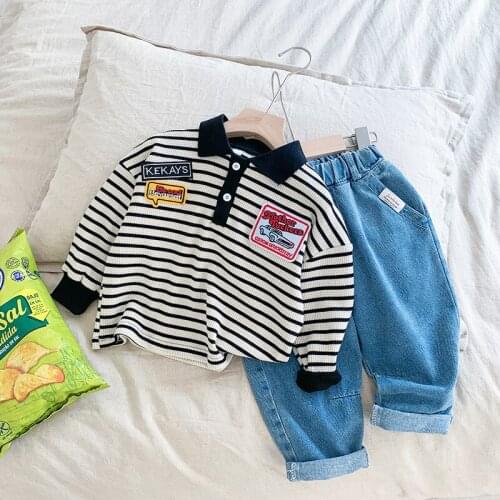 Boys' sweater 2021 autumn new fashion boys' striped loose sleeve polo shirt autumn