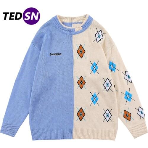 2021SS Loose Couple Casual Retro Fashion All-Match Mens Clothing Sweater Men Patchwork Color Embroidery Knitted O-Neck Pullover