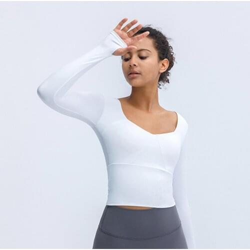 White Yoga Shirts Workout Tank Top for Women Slim Fitness Long Sleeve Tees Gym Running Sport Crop Top for Ladies Daily Wear
