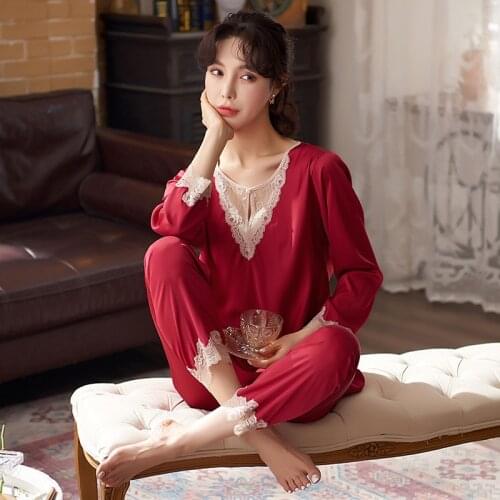 Women Burgundy Long Sleeve Satin Lace Pajamas Spring Summer Pijama Sets Sleepwear Pyjamas Nightwear