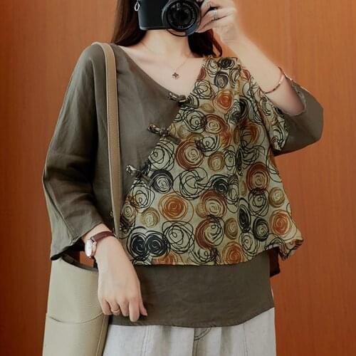 2020 summer irregular contrast color stitching printed shirt womens ethnic style retro shirt womens V-neck loose buckle top