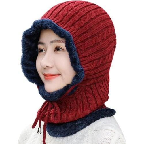 Hat women winter Korean version of the tide plus fluffy woolen cap winter warm cycling knit hat Baotou cap bib one-piece cap