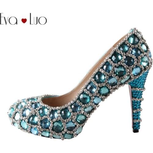 CHS342 Custom Handmade Rhinestone Turquoise Crystal Ankle Strap Dress Pumps Bridal Wedding Shoes Women Pumps High Heels Shoes