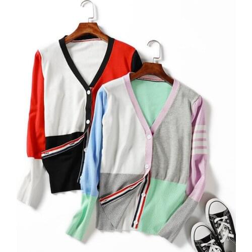 Geometric Contrast Color V Neck Cardigan Women Sweater Pull Knitted Open Stitch Jumper Tops Coat Spring Autumn Cardigans