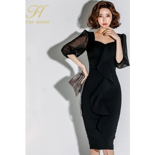 H Han Queen Elegant Ruffles Slim Pencil Dress Women Autumn Black Office Wear Dresses Simple Party Work Sheath Bodycon Vestidos