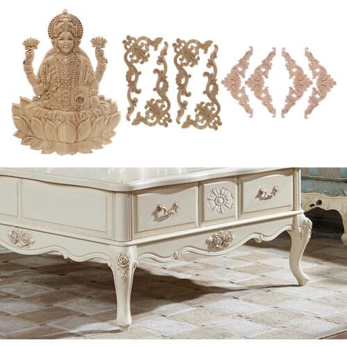 4Pack Carving Natural Wood Appliques For Furniture Cabinet Unpainted Wooden Mouldings Decal Vintage Decoration Accessories