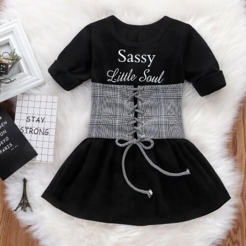 1-6Y Kids Baby Long Sleeve Letter A-Line Dress+Plaid Belt Vest Outfits Set Cute Girls Dress+Belt 2pcs