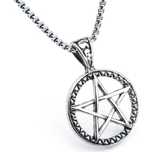 For Men Women Gothic Round Pentagram Hollow Star Pendant Silver Color Necklaces Pendants Jewelry Stainless Steel Chain Necklace