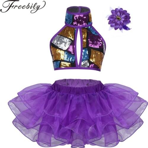 Purple Girls Modern Dance Costumes Ballroom Dancing Halter Shiny Sequins Crop Top with Skirts Hair Clip Ballet Jazz Dancewear