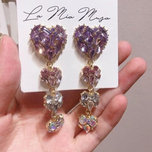 Korean Shiny Love Heart Crystal Drop Earrings Women Shell Purple Rhinestone Boucle D'oreille Party Jewelry Flower Dangle Earring