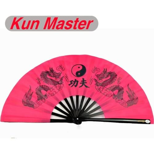 Kun Master 34 Cm Bamboo Chinese Kung Fu Tai Chi Fan With Double Dragons Design Pink Cover