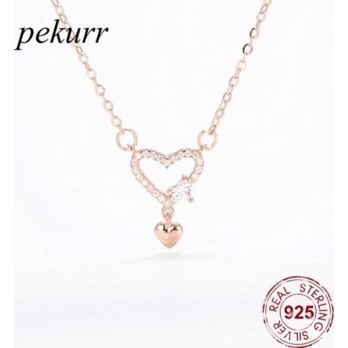 Pekurr 925 Sterling Silver Rose Hollow Zircon Lace Heart Pendants Necklaces Women Accesories Jewelry Hanger Drop Suspension Gift