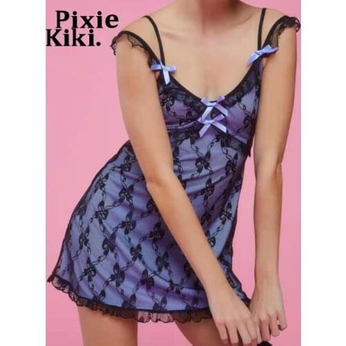PixieKiki Fairy Grunge Summer Dress Egirl Bow Lace Mesh Satin Purple Black Strap Mini Dresses Pastel Goth Y2k Clothes P94-DG18