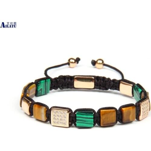 Ailatu Natural Red & Yellow Tiger Eye Square Flatbed Braided Bracelet Stainless Steel Beads Top Quality