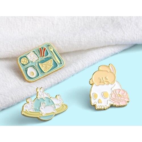 Skeleton Bunny Planet Enamel Pins Breakfast Time! Cute Bacon Toast Poached Egg Brooches For Women Lapel Badge Anime Jewelry Gift