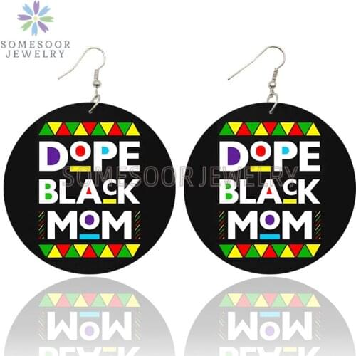 SOMESOOR Dope Black Family Wooden Drop Earrings Smart Mom Father Daughter Son Dad Printed Loops Dangle Jewelry For Women Gifts