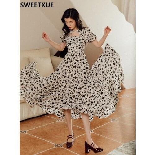 SWEETXUE Floral Chiffon Dress Summer Beaded Hollow Collar Puff Sleeves Vintage Temperament Dress Womens Elegant Chic Party Lady