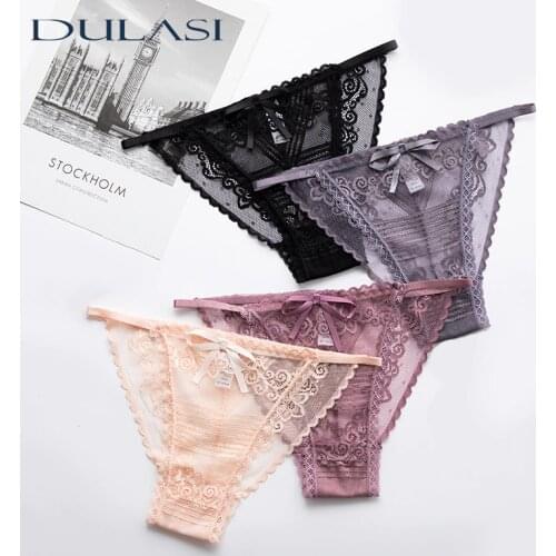 Sexy Lace Womens Underwear Transparent Thong Low Waist Lingerie Thongs Female Underpants Hot Sell Panties 4pcs DULASI