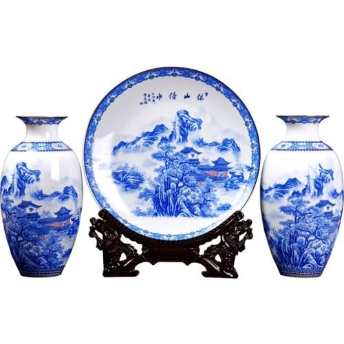 Three pieces of ceramic ornaments Jingdezhen vase household ornaments living room flower arrangement modern simple office