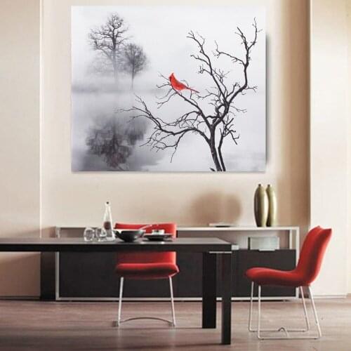 Water Trees Landscape Canvas Painting Red Bird Mist Wonderland Posters Nordic Minimalist Living Room Decoration Painting Picture