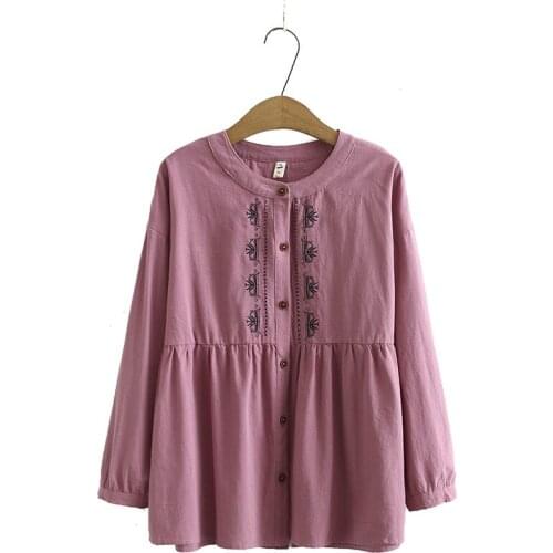 Plus Size Vintage Embroidery Tops Womens Long Sleeved Cotton&Linen Elegant Blouse Large Size Button Up Elegant Blusas
