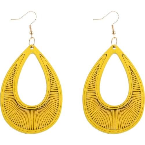 YULUCH Ethnic Long Hollow Wooden Sculpture Pendant Earrings For Women Vintage African Boho 8 Colors Yellow Blue Drop Earrings