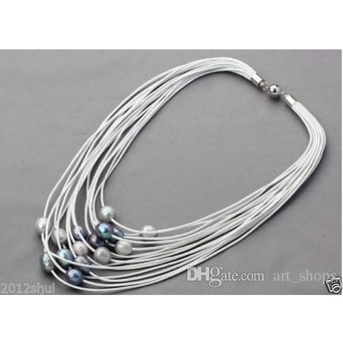 11-12mm Grey & Black Freshwater Pearl Multi-Strand Leather Women Necklace