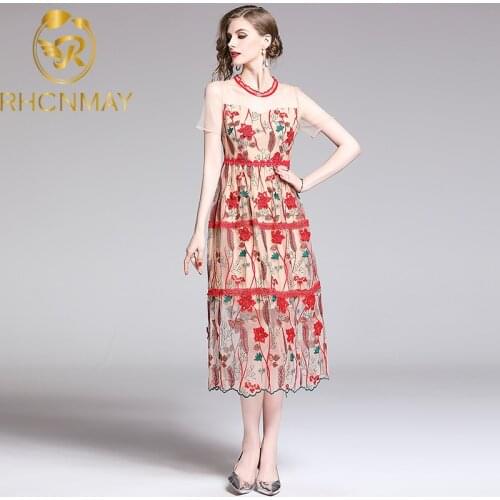 2020 Summer Women Party Long Dress Elegant Runway Floral Embroidery 3D Mesh Holiday Dress Vintage Short Sleeve Vestidos