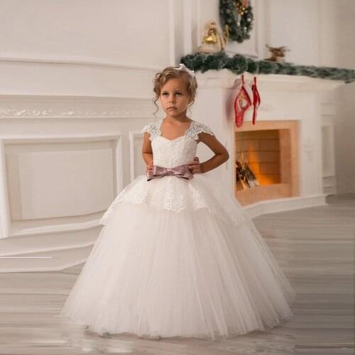 2016 White Flower Girls Dresses For Wedding Gowns Cap Sleeve Lace Sash Bow Girl Birthday Party Dress Zipper Tulle Pageant Dress