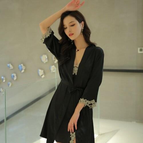 2021 Spring New Silk Sexy Bud Lace Drawstring Nightdress Ice Silk Nightgown Silk Drawstring Suit Sleepwear Women Set