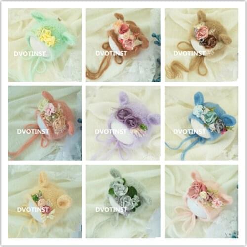 Dvotinst Newborn Baby Girls Photography Props Knit Hats Flora Crochet Bonnet Fotografia Accessories Studio Shoots Photo Props
