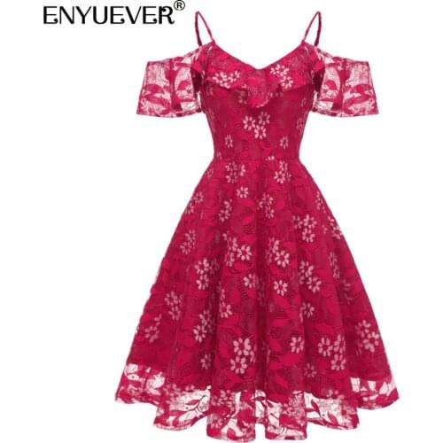 Enyuever Elegant Lace Dress Women Clothing Spaghetti Strap V Neck Swing Formal Evening Christmas Party Dress Vestidos