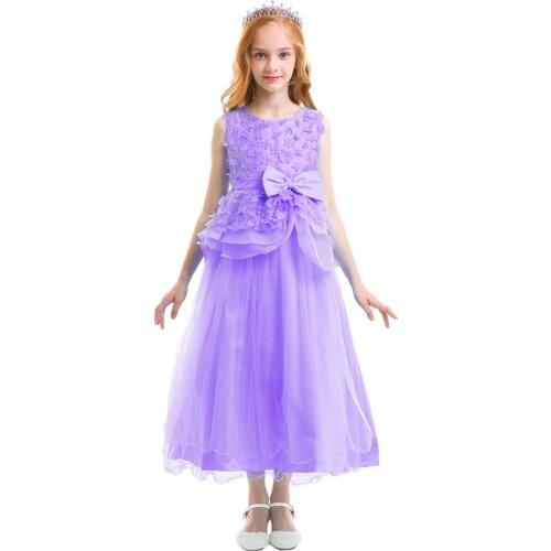 Elegant Princess Dress for Kid Girls Flower Ball Gown Long Dress Tulle Dream Purple Wedding Bridesmaid Kids Dresses for Girls