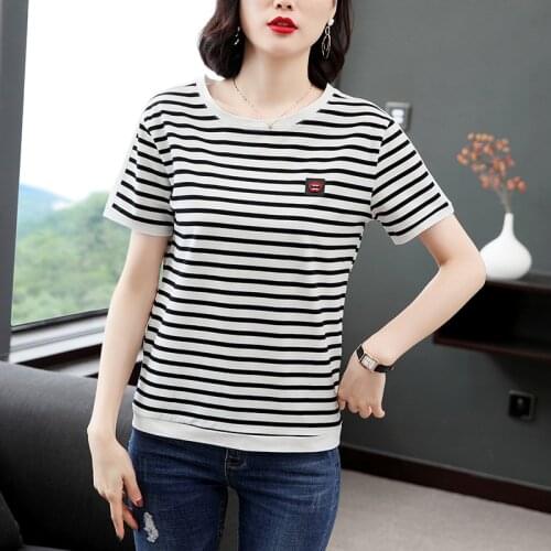 WWENN 2021 Plus Size 4XL Summer Women Tops and Tshirt Womens Clothing Cotton Striped Shirt O-neck Ladies Slim Tees Feminine
