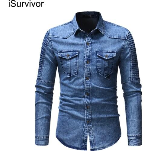 ISurvivor 2021 Foreign Trade Mens New Products This Week Splicing Sleeves Denim Shirt Long-Sleeved Jacket Men Loose Leisure