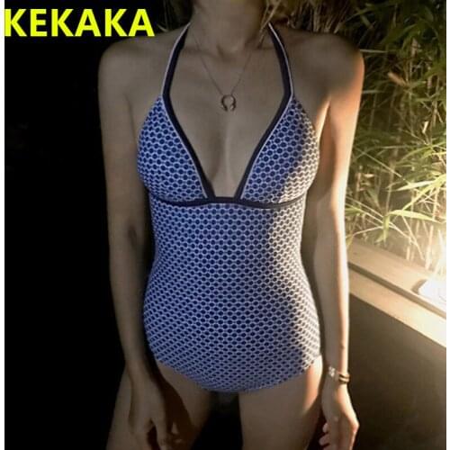 KEKAKA 2018 Korean Vintage Blue Plaid Halter One Piece Swimsuit Women Sexy Deep V Trikini Monokini Bathing Suit Swimwear Women