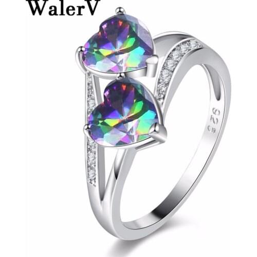 WalerV Sterling Ring Fashion Jewelry Multi Blue Heart Shape Crystal stone CZ zircon Romantic for women Engagement