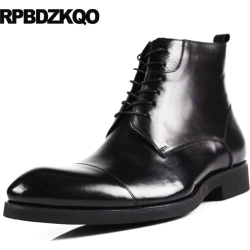 Chunky Shoes Short Formal Designer Black Ankle Oxford Lace Up Autumn Mens Pointed Toe Dress Boots Full Grain Leather Booties