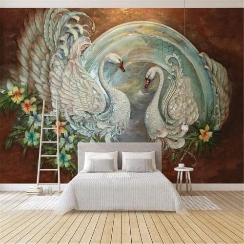 Milofi large wallpaper mural European 3D three-dimensional relief swan flower background wall decorative painting