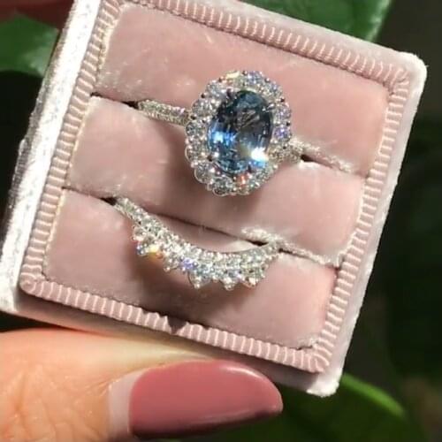 Fashion Women Rings Set Classical White/Blue Rhinestones Crystal Wedding Rings for Bridal Jewelry Statement Engagement Ring Gift
